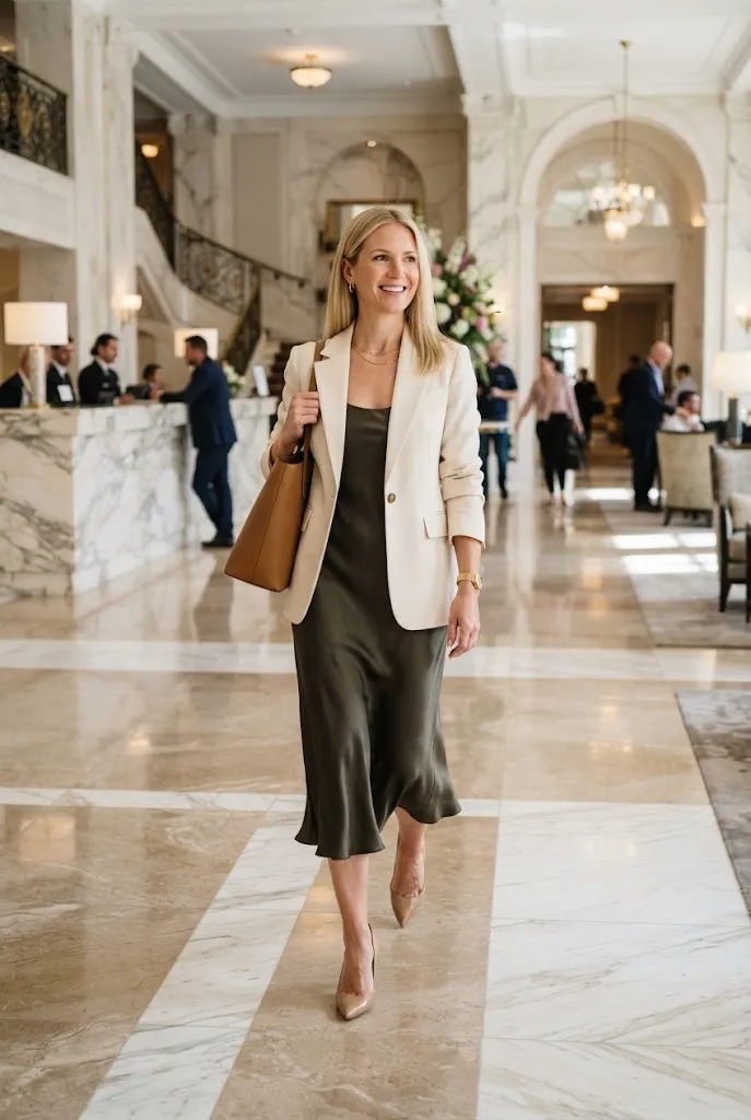 wearing a tailored blazer over a silk dress for a modern cocktail look