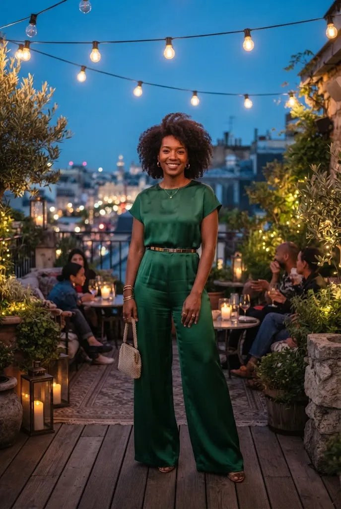 Bride in a satin wide-leg jumpsuit at an outdoor engagement party