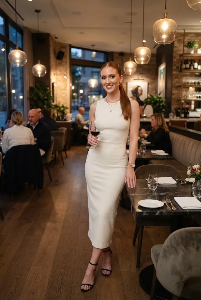 Bride in a fitted ivory column dress at a modern cocktail dinner
