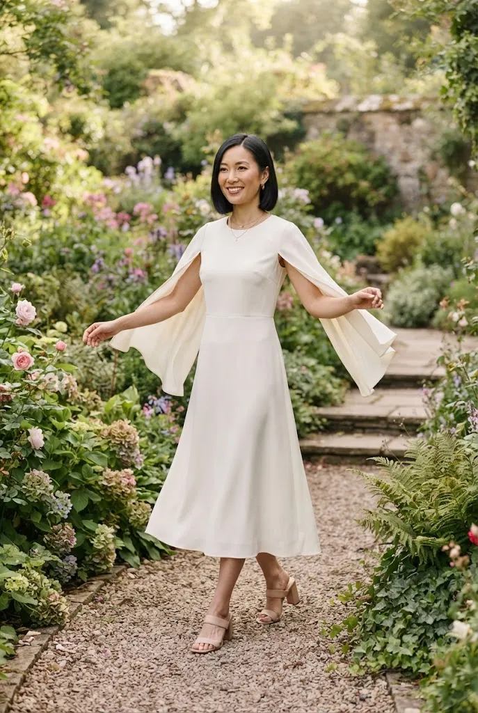 Bride in an ivory cape sleeve dress showing sleeve movement outdoors