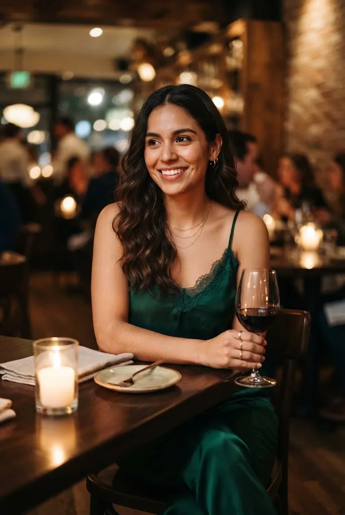 Bride in a matching silk top and trouser set at a candlelit cocktail table