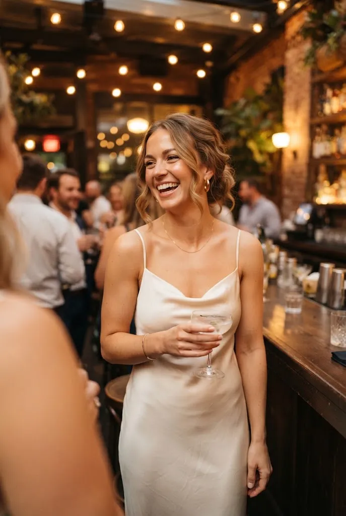 Bride in an ivory satin dress under warm indoor party lighting
