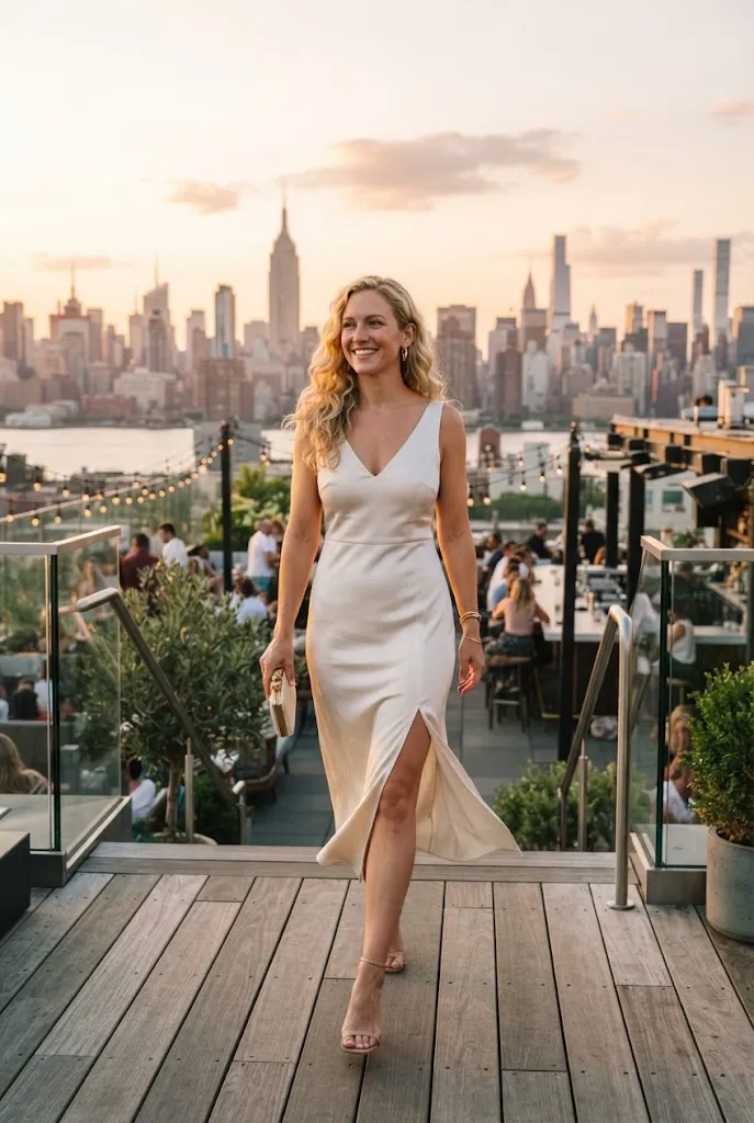 Bride in an ivory dress with a modest thigh-high slit on a rooftop