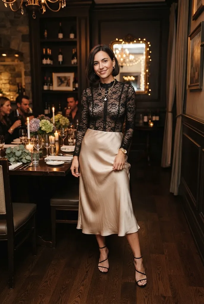 Bride wearing a lace bodysuit and satin skirt combo indoors