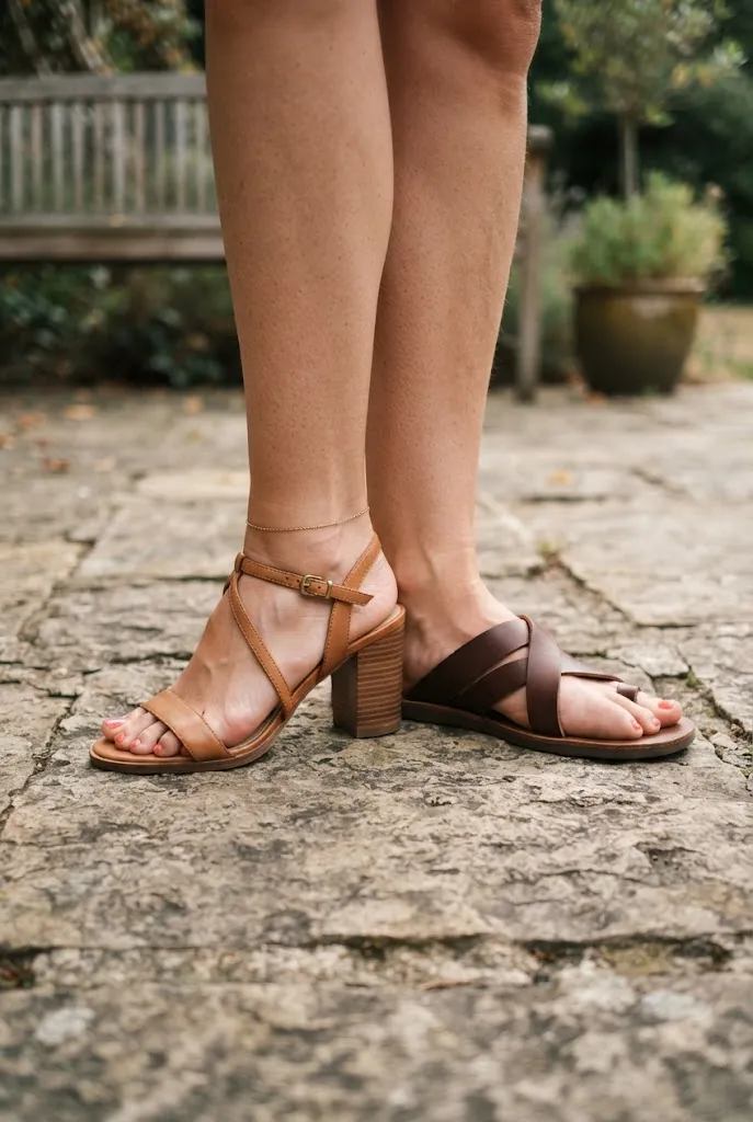 Comparison of block heels and flat sandals for a bridal cocktail outfit