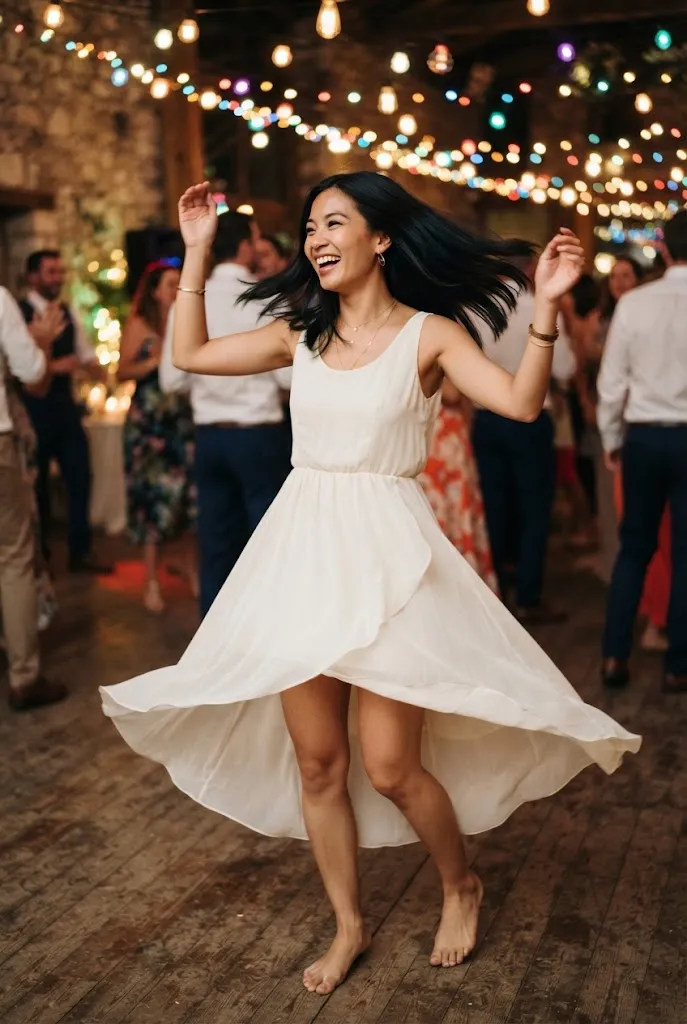 Bride dancing in a high-low hem dress at a cocktail party