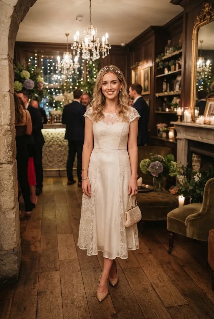 Full body view of a bride wearing a pearl hair vine instead of a veil for an engagement party
