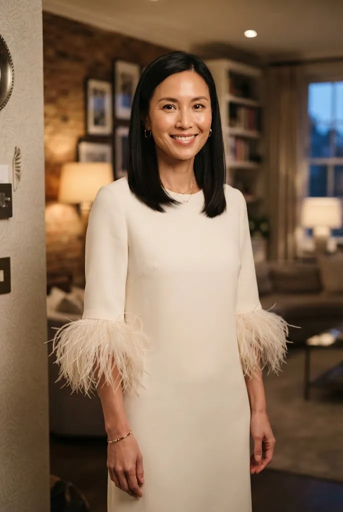 Bride wearing an ivory dress with feather trim sleeve detail