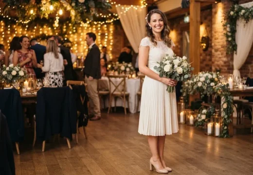 Bride in an elegant ivory cocktail dress for a modern wedding celebration