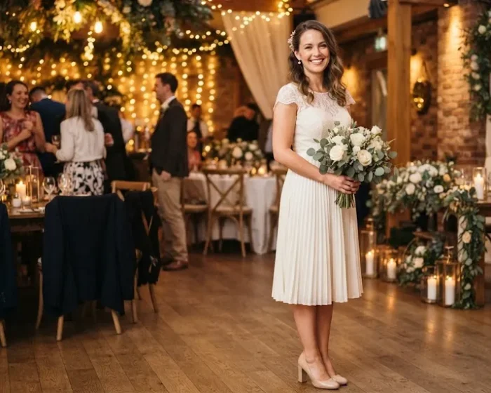 Bride in an elegant ivory cocktail dress for a modern wedding celebration