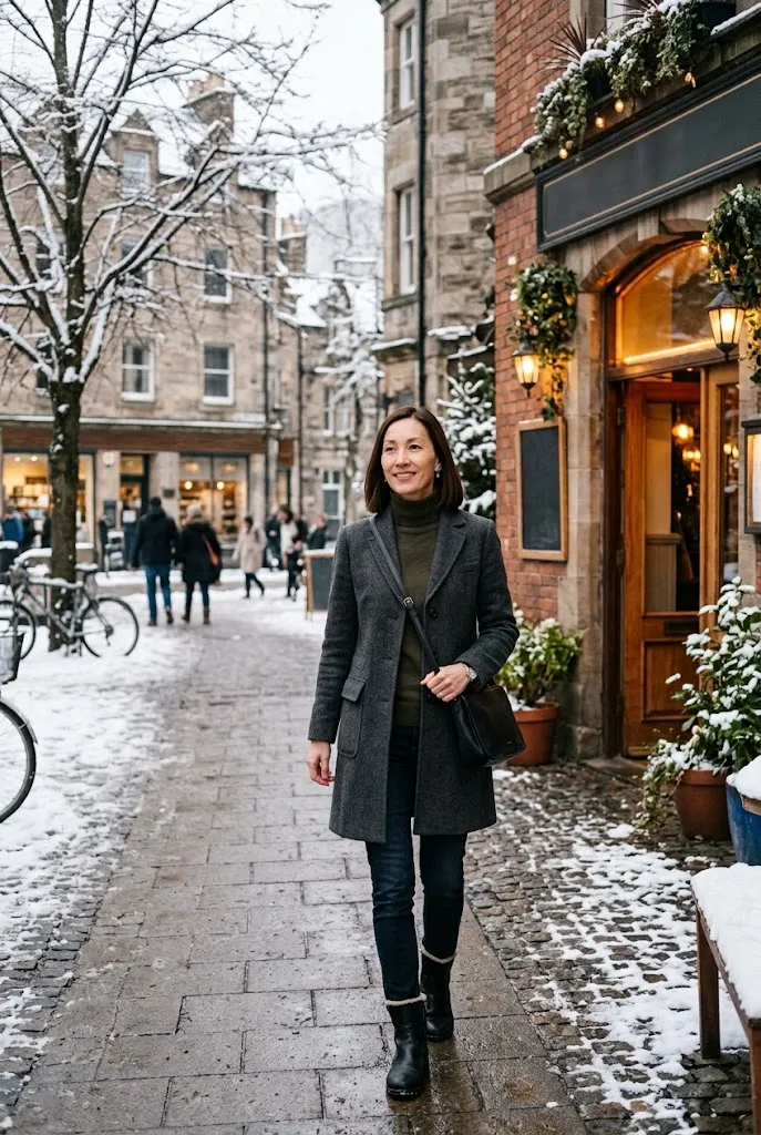 Woman in her 40s in a turtleneck and structured coat at a winter brunch