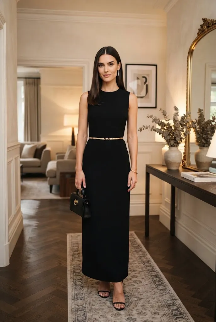 Woman wearing a column dress styled with three simple accessories