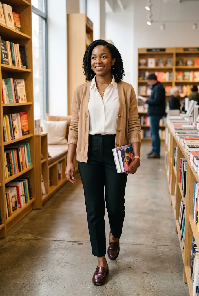32-year-old woman wearing polished comfortable loafers with a capsule wardrobe outfit