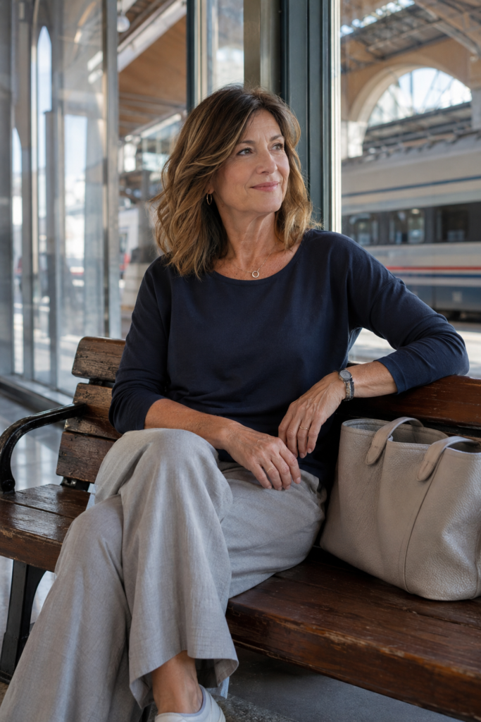 Woman over 50 sitting comfortably in stretch travel trousers at a train station bench