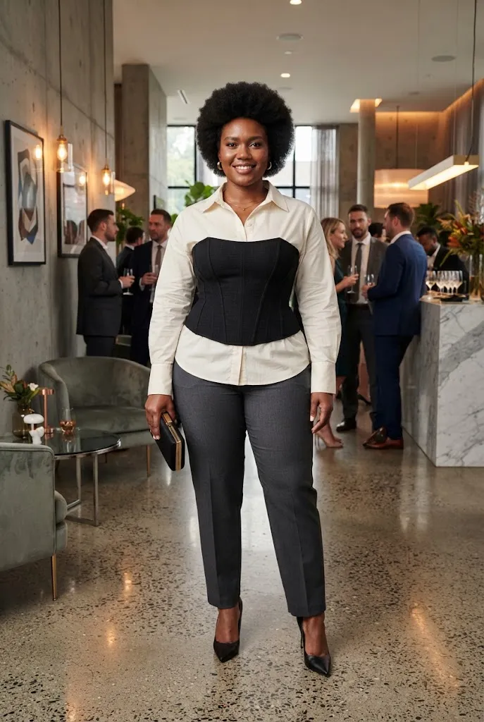 Curvy woman wearing a corset layered over a blouse for a party