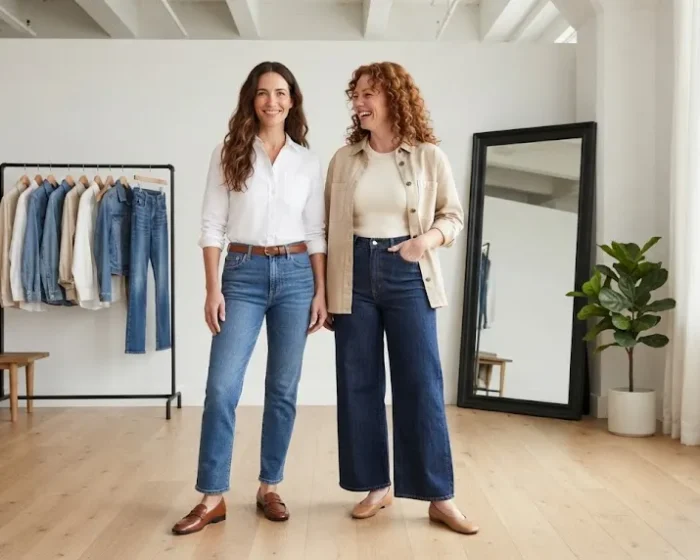 Two stylish women wearing modern cotton and denim capsule wardrobe outfits in a bright fashion setting.