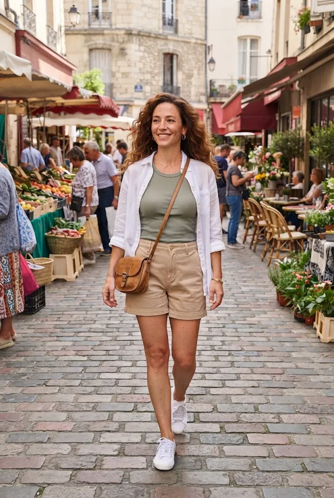 Woman wearing neutral cotton shorts with a tank top and open shirt for a casual weekend outfit.