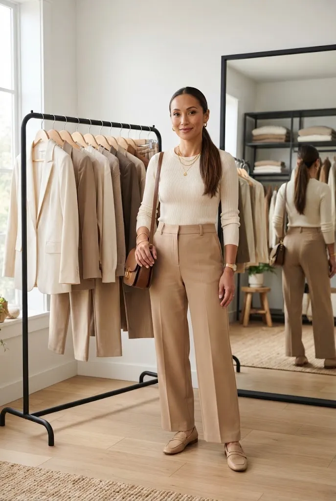 Woman wearing a cream top and beige trousers in a neutral capsule wardrobe
