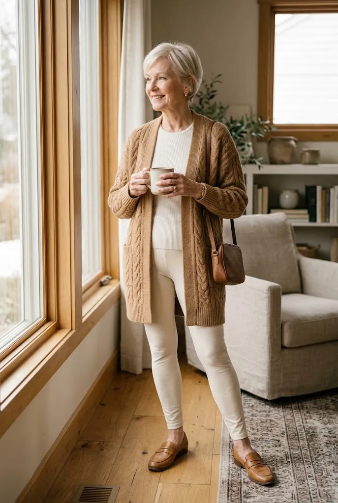 Woman over 50 wearing cream leggings with a camel cardigan and tan loafers