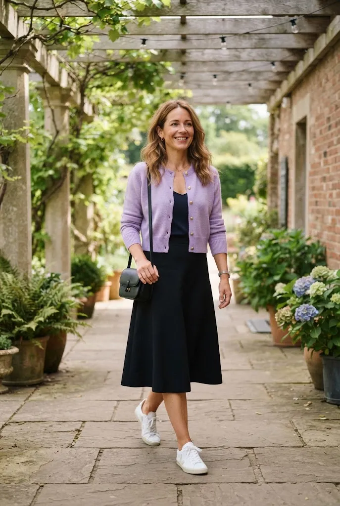 Woman in her 40s wearing a lavender cropped cardigan with a high-waisted skirt