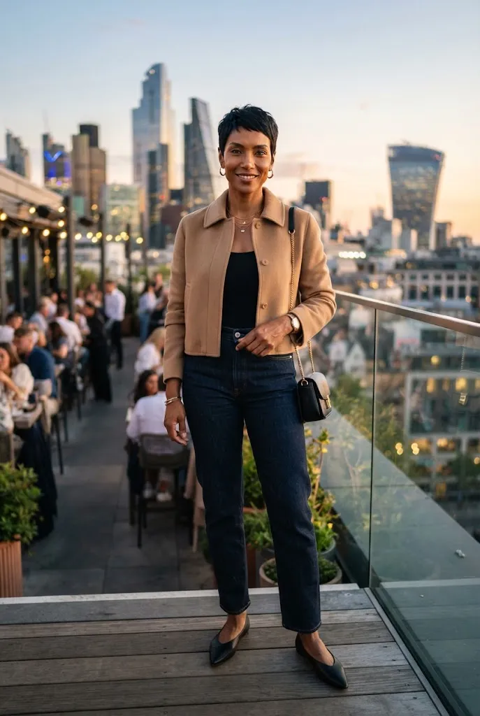 Woman over 40 wearing a cropped camel jacket with high-rise dark denim