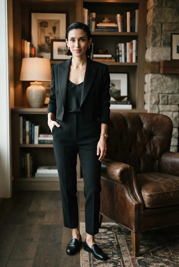 Woman wearing a cropped tuxedo jacket with a simple cami underneath