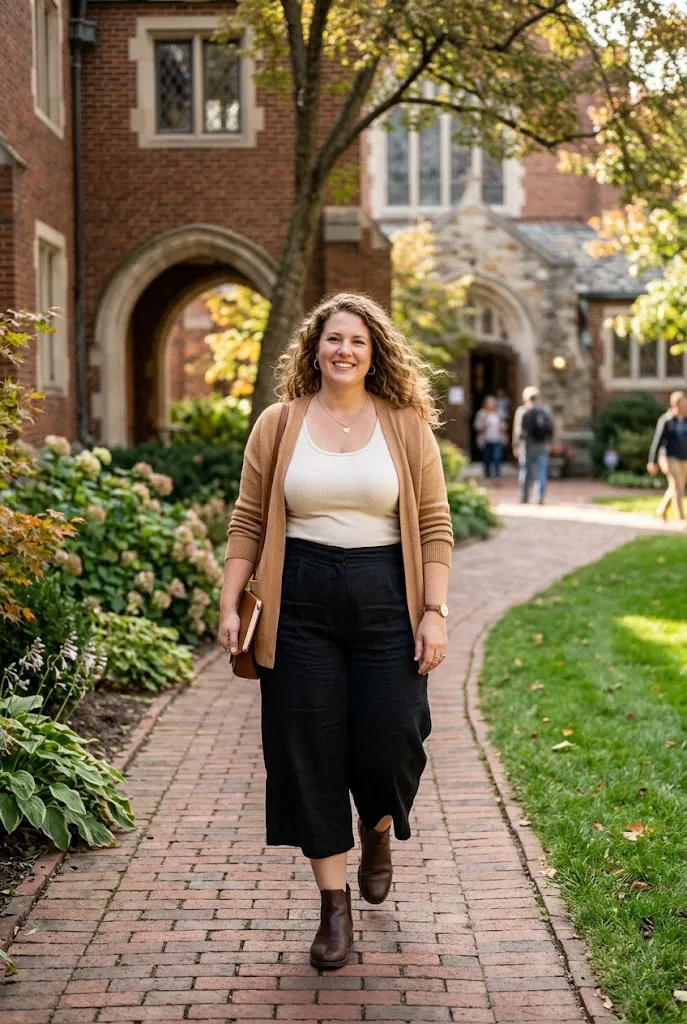 Plus size white American woman wearing wide leg culottes and an open cardigan in a church courtyard