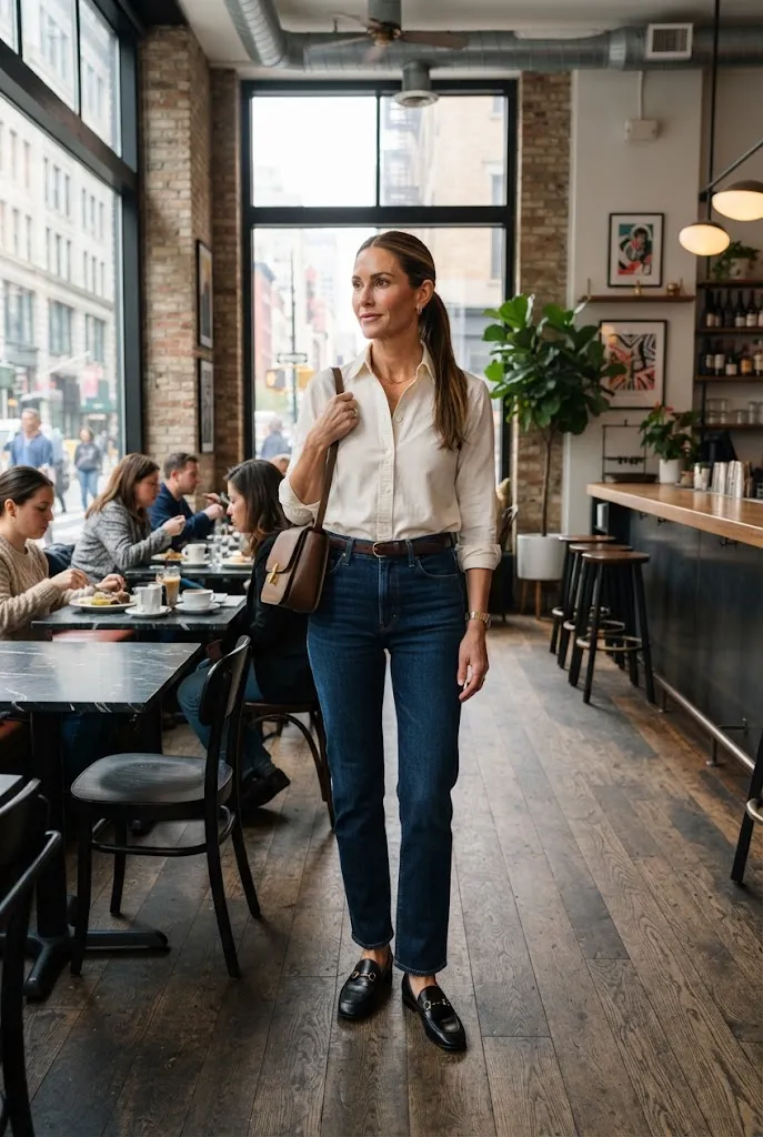 Woman wearing dark denim jeans with a tucked cotton shirt and loafers for a polished everyday outfit.