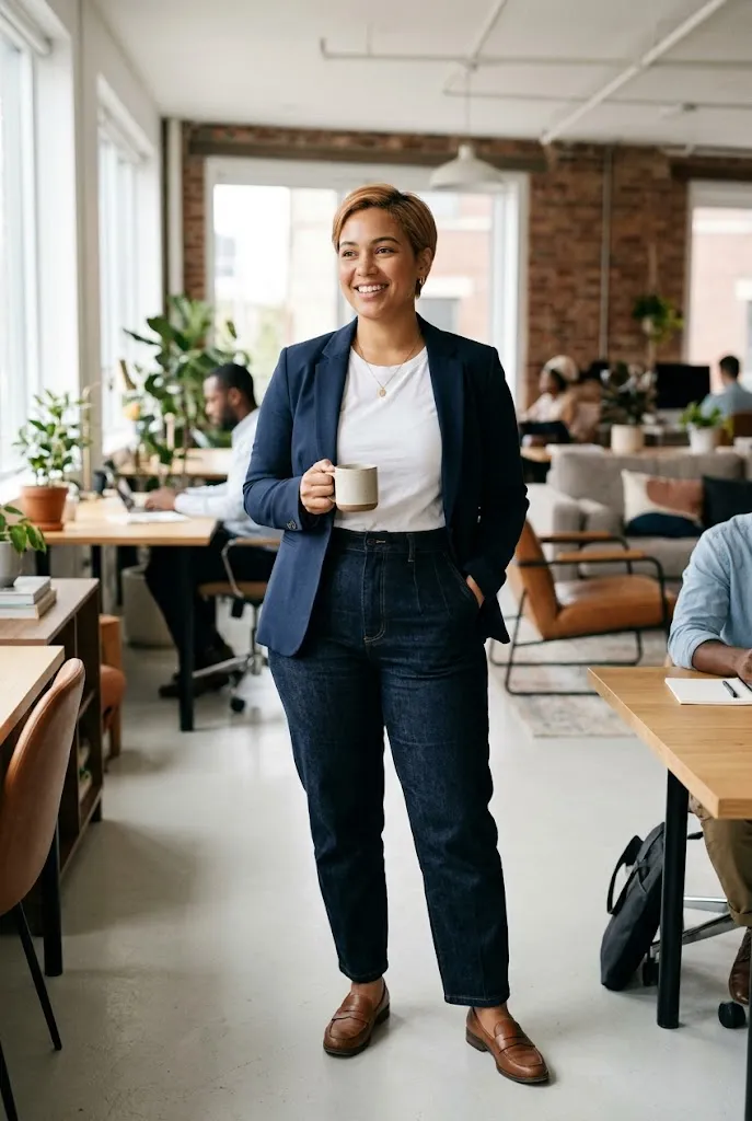 Curvy woman wearing dark wash denim trousers with a blazer for casual Friday