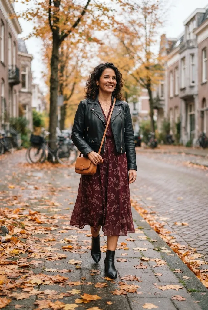 Woman over 40 wearing ankle boots with a midi dress for a cool weather date