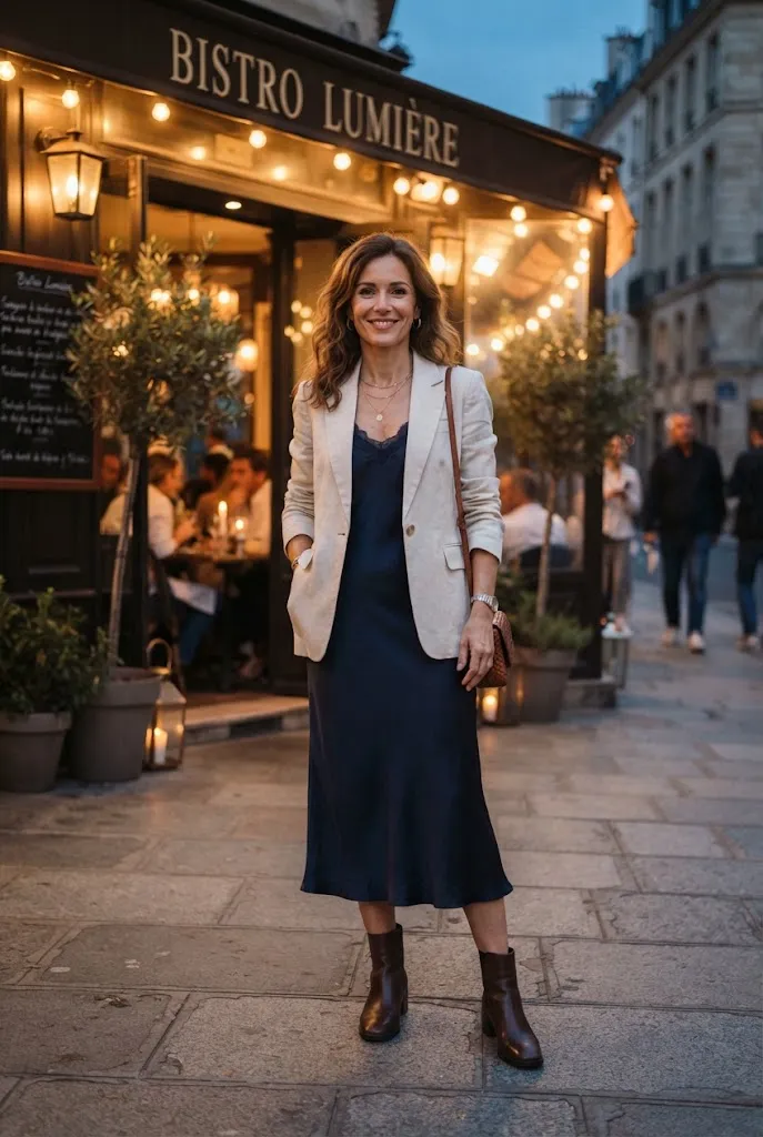 Woman over 40 wearing a cropped blazer over a slip dress for a date night outfit