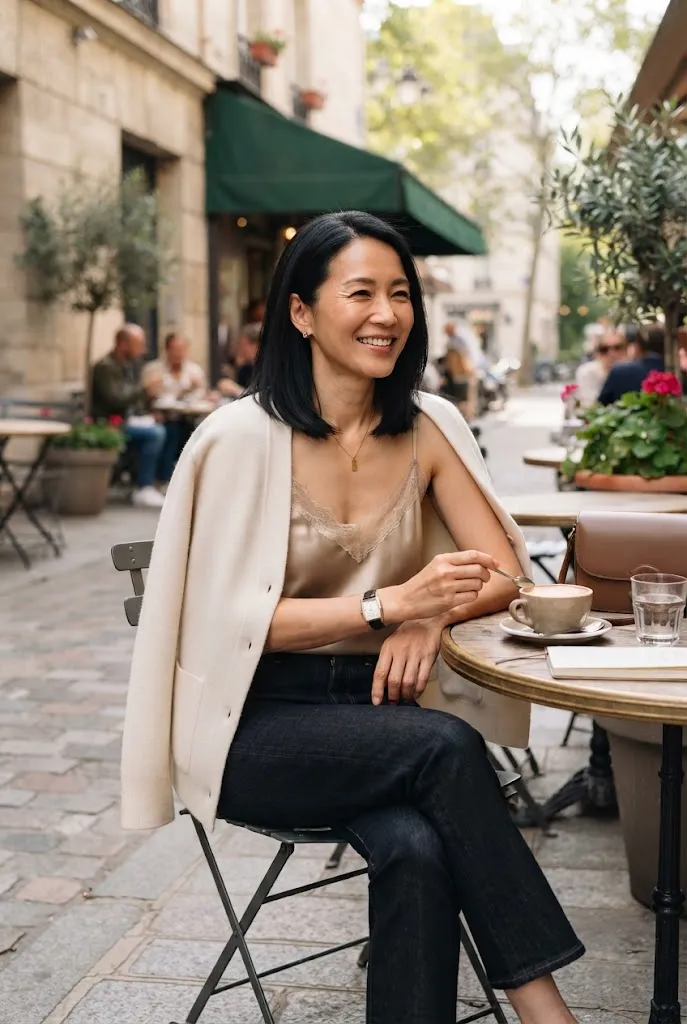 Woman over 40 in dark denim and a silky camisole styled for a casual date