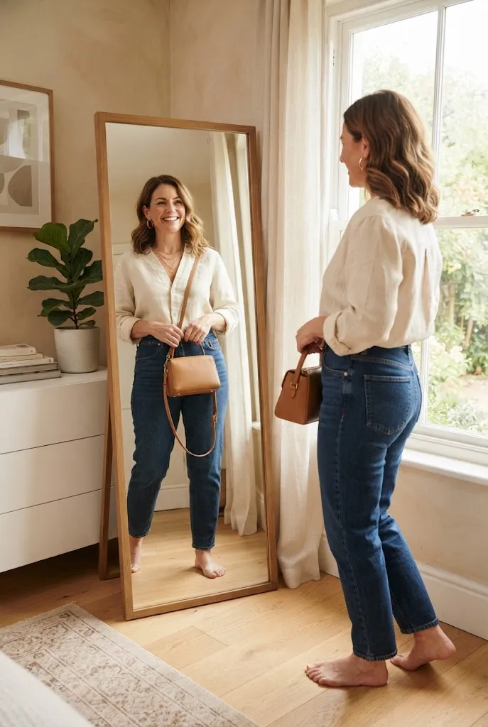 Woman over 40 doing a final outfit check before a date night