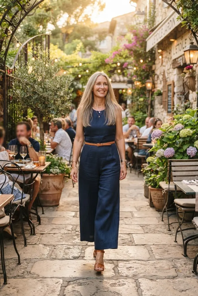 Woman over 40 wearing a belted jumpsuit styled for a date night
