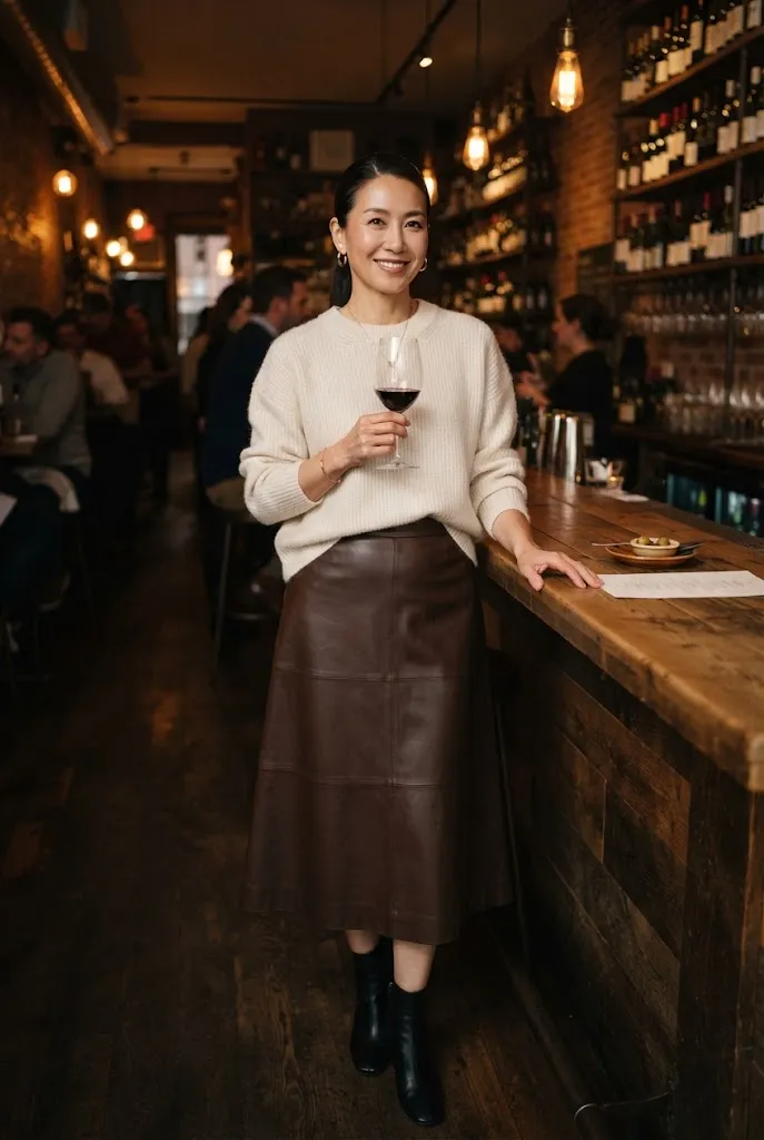 Woman over 40 wearing a leather skirt with a soft cream sweater for date night