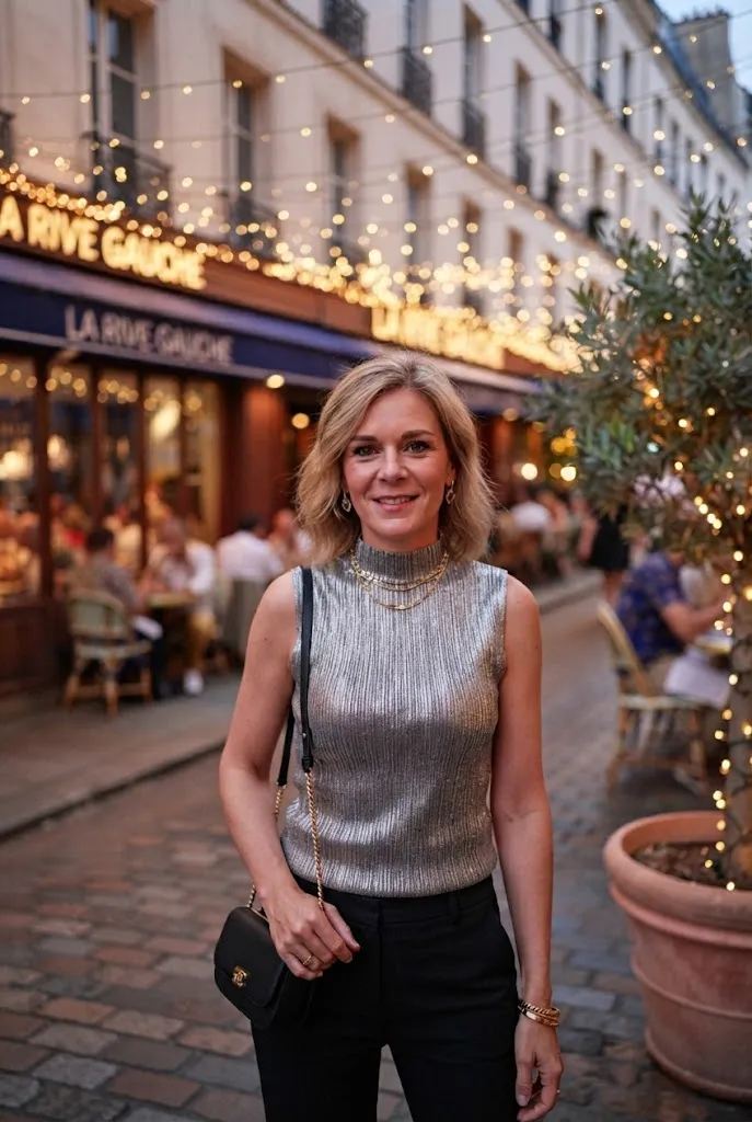 Woman over 40 wearing a metallic top with tailored trousers for date night