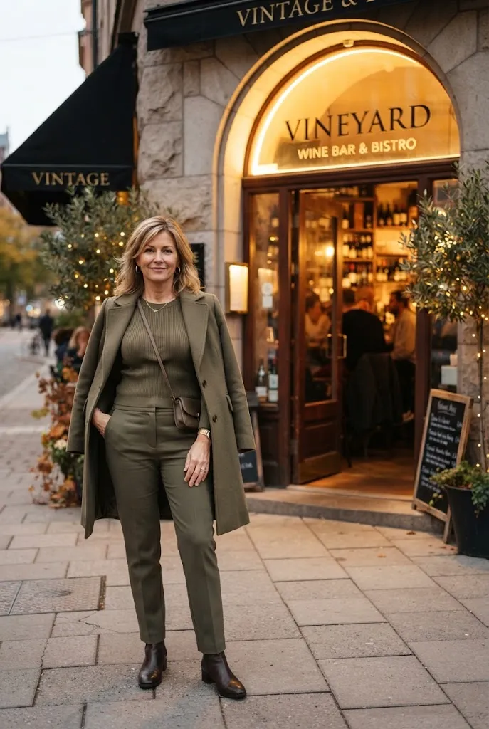 Woman over 40 wearing a monochrome olive outfit for date night