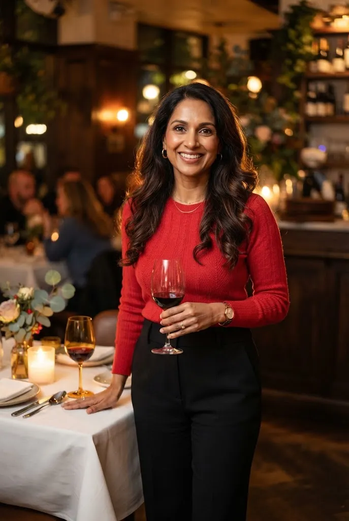 Woman over 40 wearing a red sweater as a bold neutral for date night