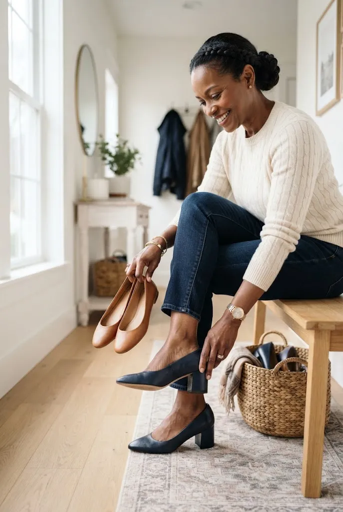 Woman over 40 choosing between flats and heels for a date night outfit