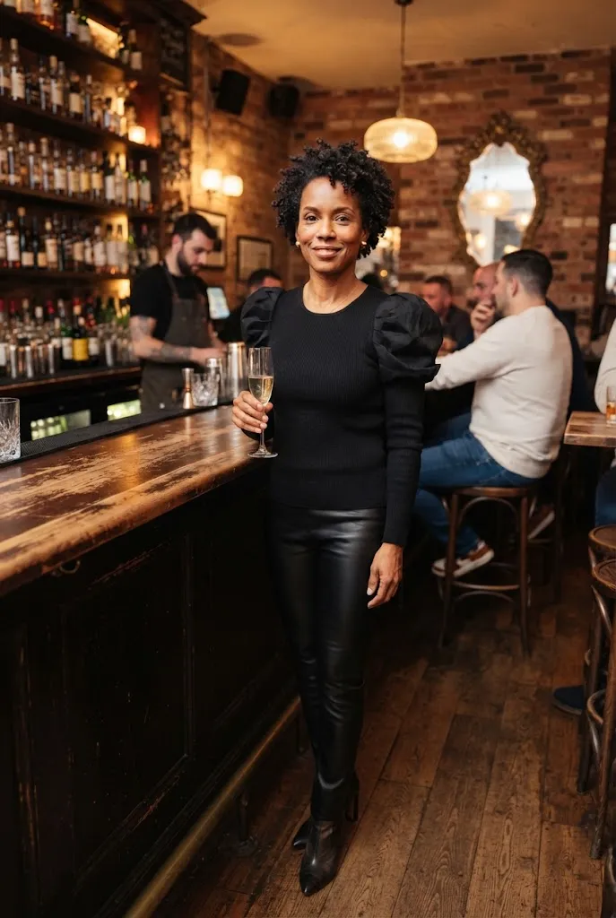 Woman over 40 in a statement sleeve top styled for a date night look