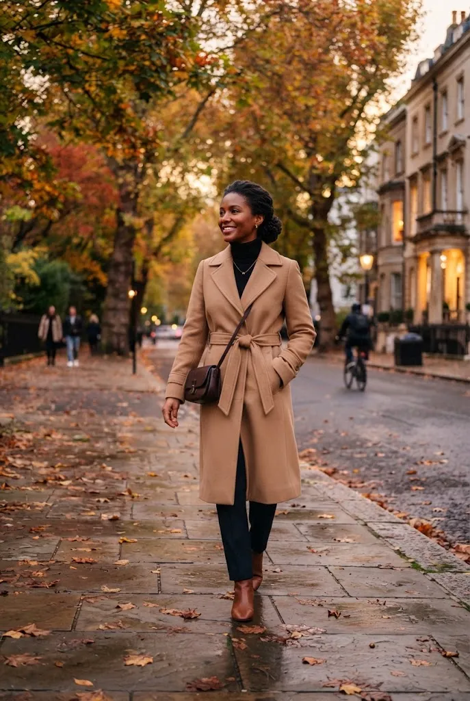Woman over 40 wearing a belted trench coat as a full date night outfit