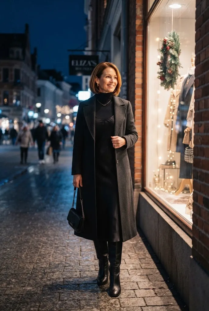 Woman over 40 layering a turtleneck under a slip dress for a cooler date night