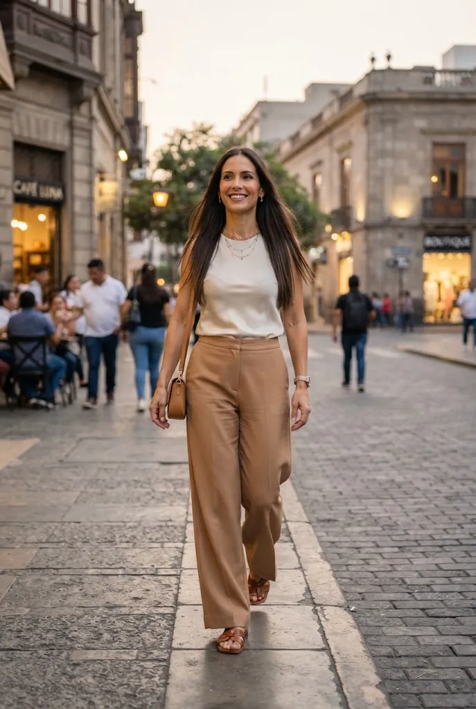 Woman over 40 wearing wide leg trousers and a fitted top on a date night