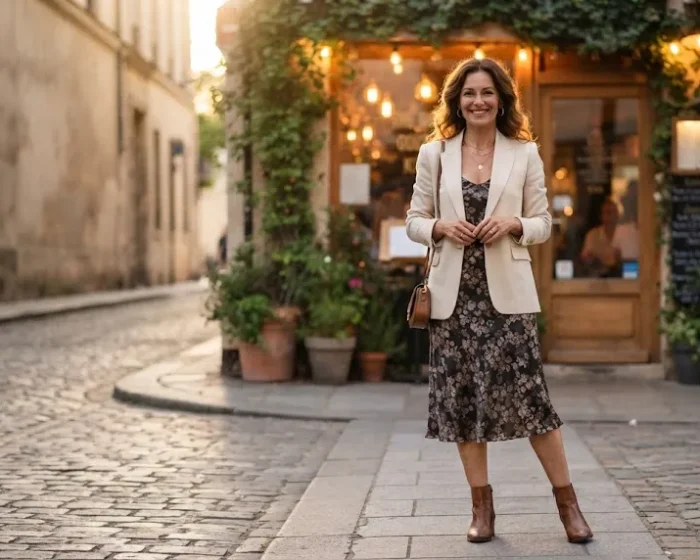 Woman over 40 wearing a fresh modern date night outfit, featured image for outfit ideas roundup