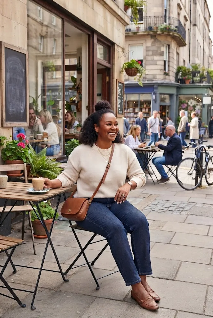 Woman wearing denim, cream, and brown for a relaxed weekend outfit