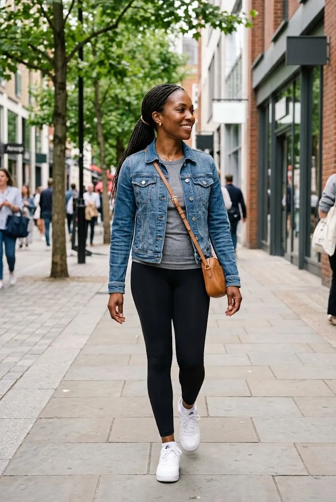 Black woman over 40 wearing black leggings with a denim jacket, gray tee, and white sneakers