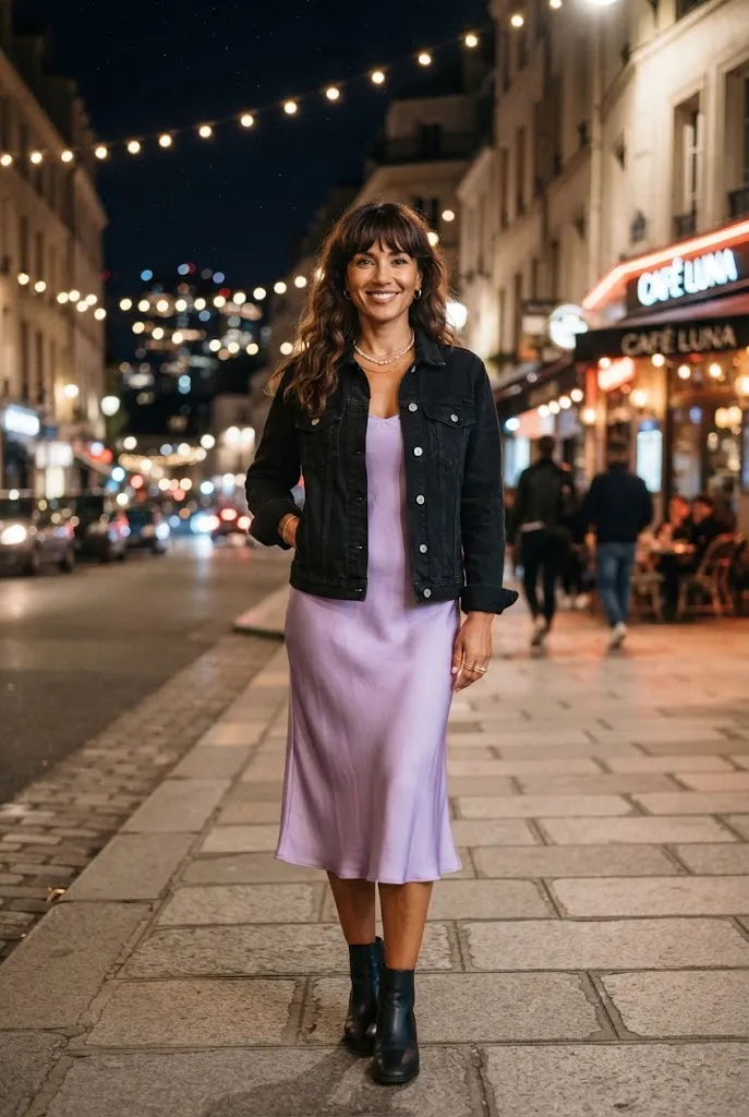 Woman in her early 40s wearing a black denim jacket over a lavender satin slip dress at night