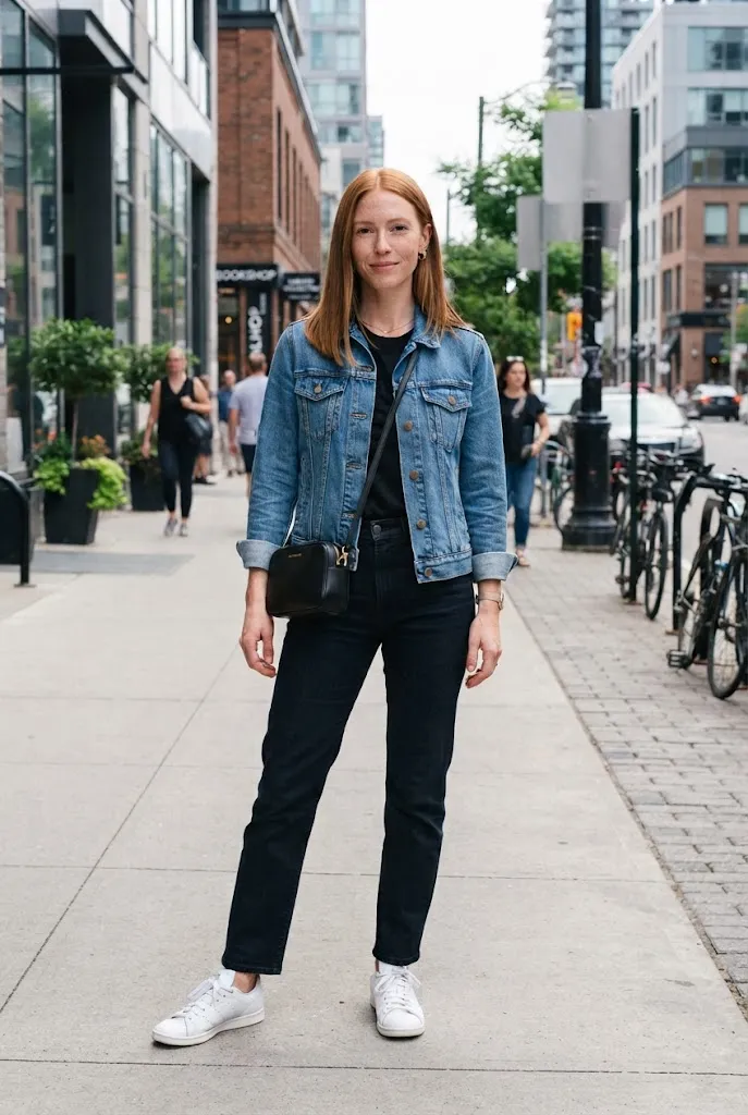 Woman wearing a denim jacket over a cotton tee and jeans as a capsule wardrobe third layer.