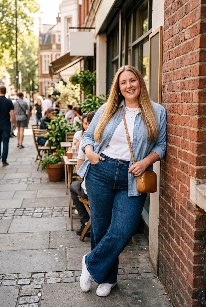 Full figured plus size woman in denim on denim outfit leaning against a brick wall