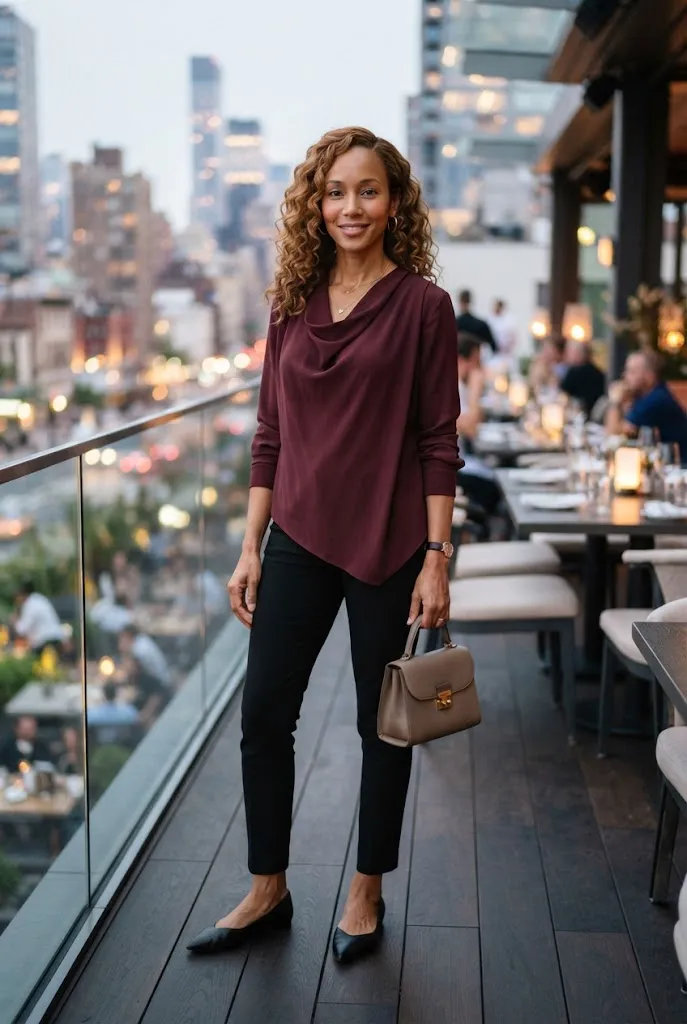 Woman over 40 wearing a burgundy draped top with slim ankle pants for girls night out